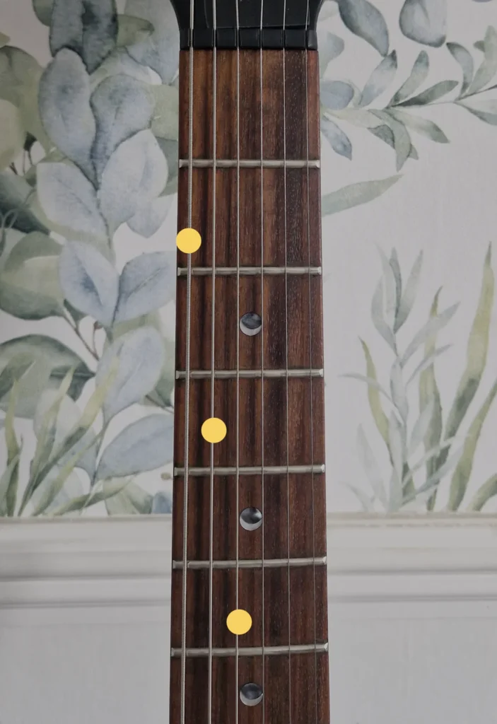 Chord Diagram showing how to play F# add 9 no 3rd on a guitar