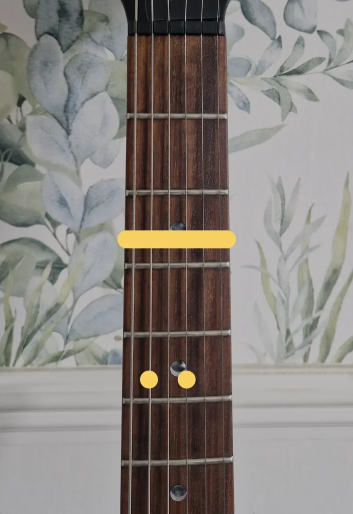 Chord diagram showing how to play a G7sus4 on a guitar fretboard