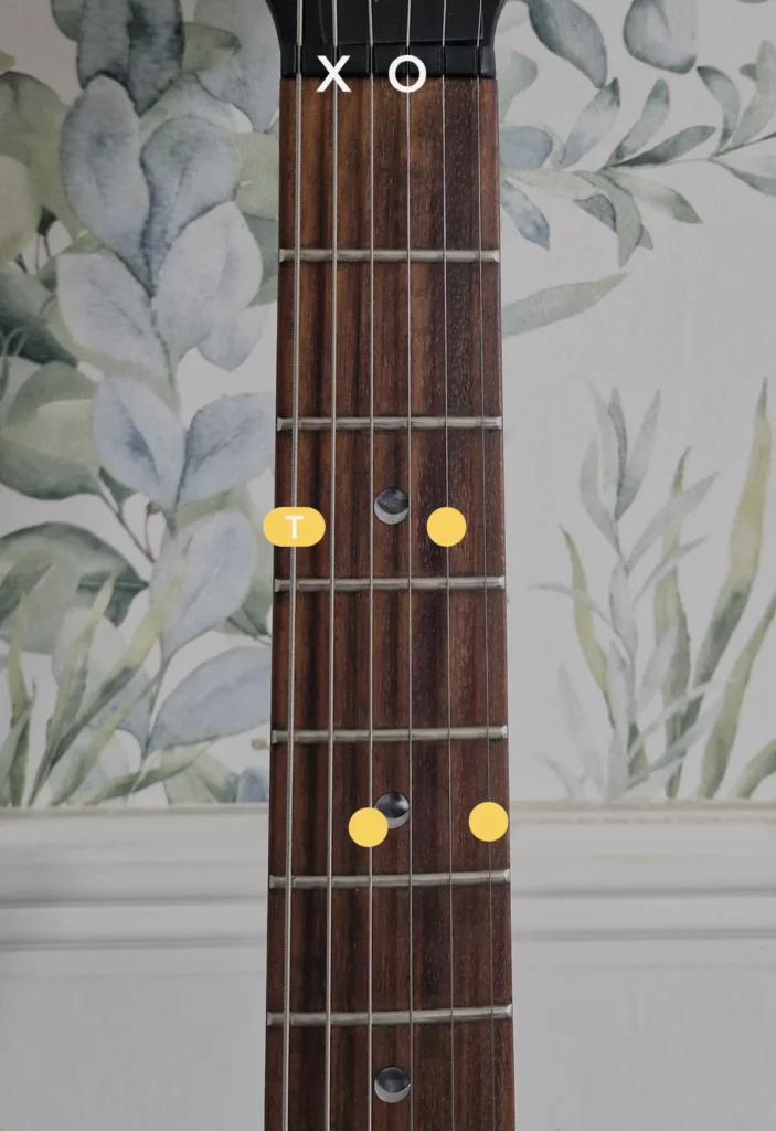 Chord diagram showing Hendrix's G add 9 no 3rd chord - the root note is played with the thumb