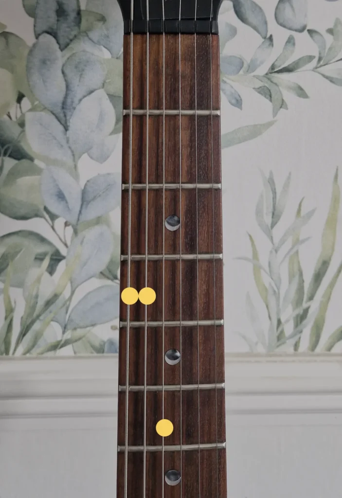 Chord Diagram showing how to play F# add 9 no 3rd but in Drop D tuning on a guitar